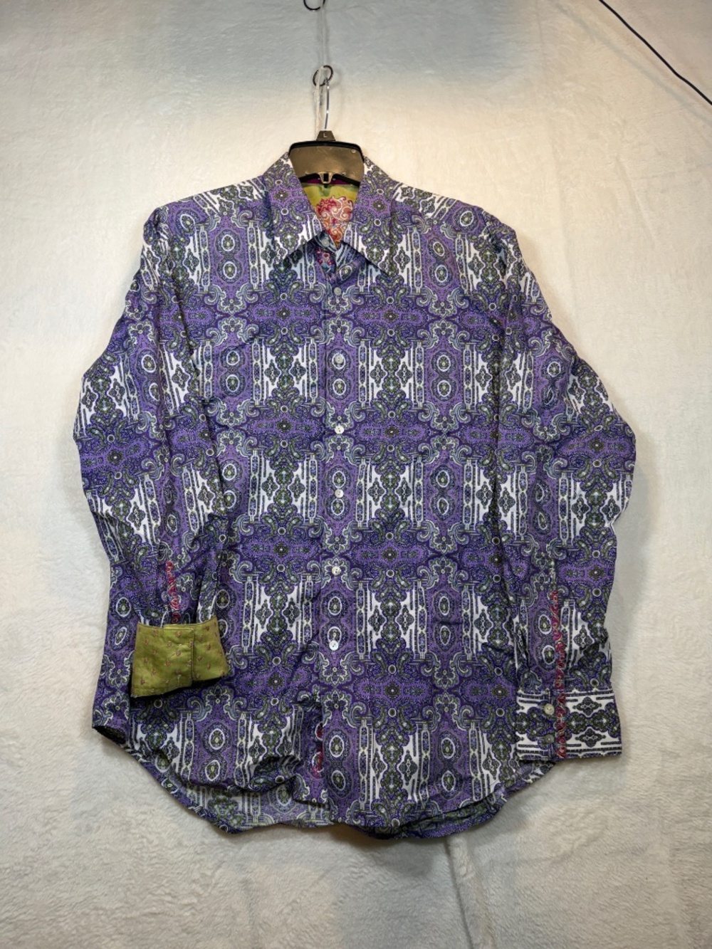 Robert Graham Dress Shirt Mens Size Large Purple Paisley Eclectic 70s All over P - Picture 2 of 11